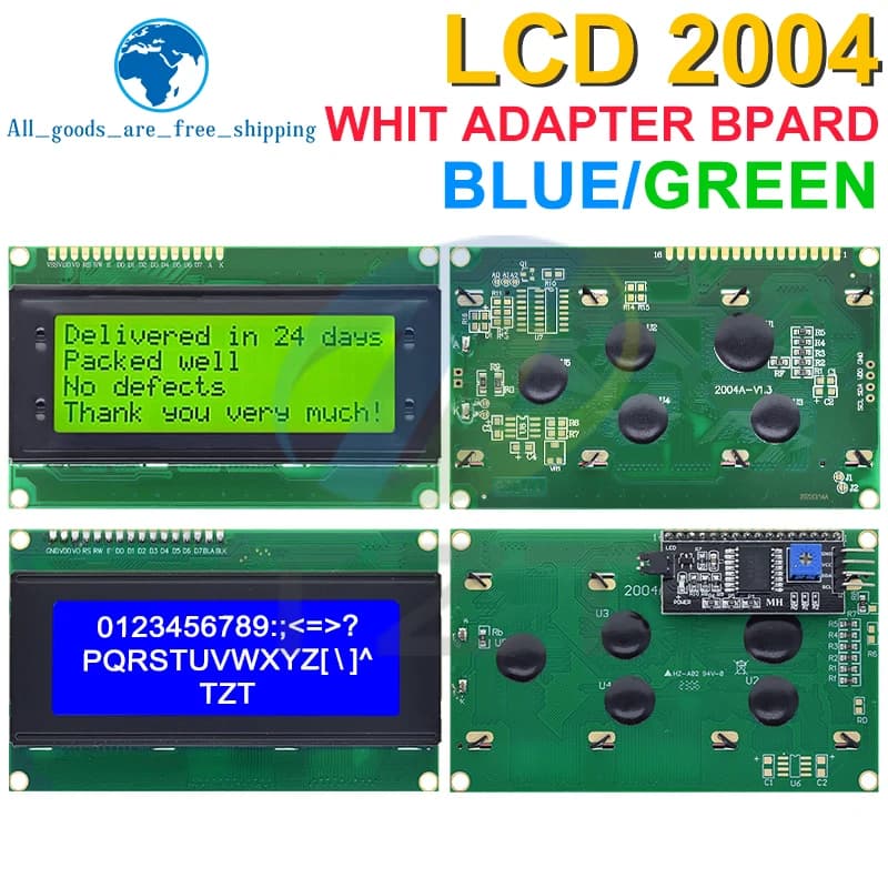 TZT LCD2004 + I2C 2004 20x4 2004A Blue/Green Screen HD44780 LCD Characters /w IIC/I2C Serial Interface Adapter Module for Arduino