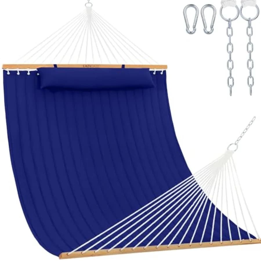 Outdoor double quilted polyester hammock with spreader bar and detachable pillow, navy blue, 12 feet, 450lbs capacity