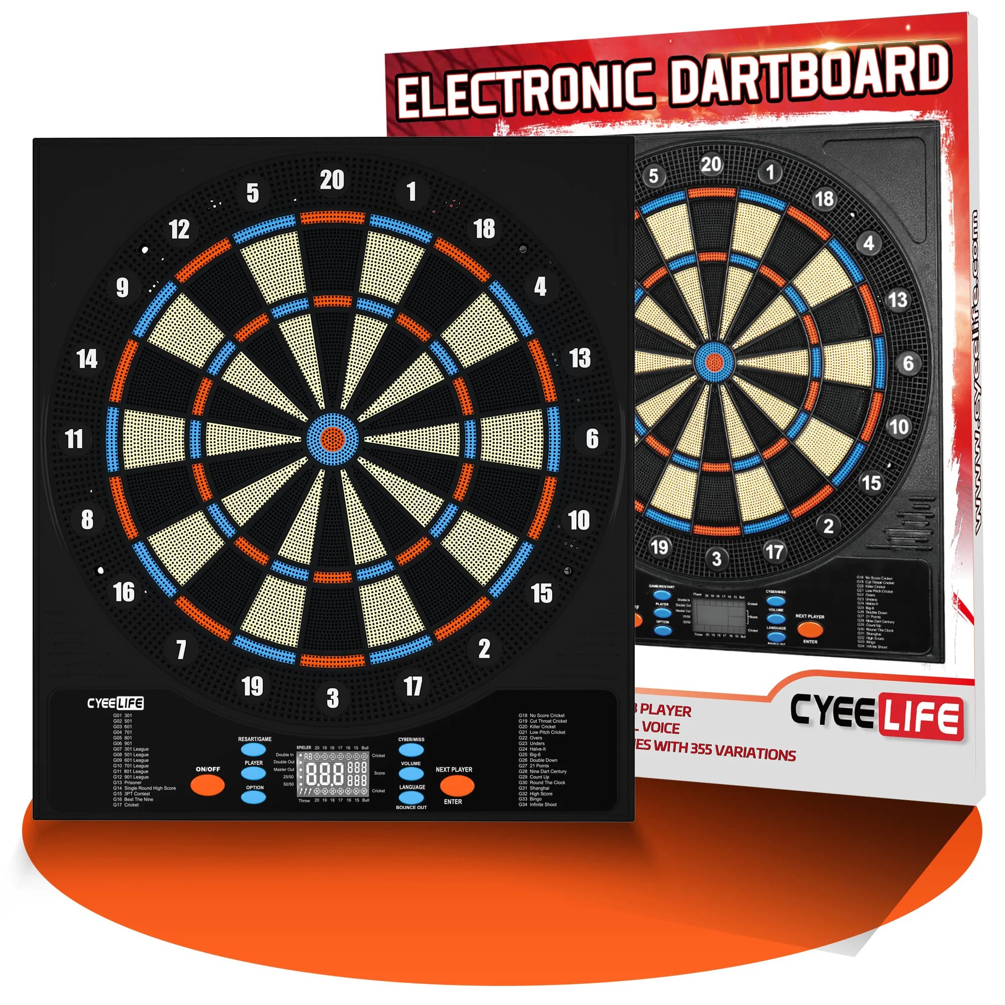 Cyeelife Electronic Soft Tip Dartboard with 34 Games 255 Variations, Up to 8 Players, Trilingual UI, USB & Battery Powered with