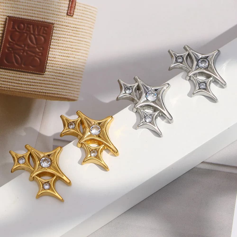 Orecchino a bottone con pietra zircone stella in acciaio inossidabile placcato PVD in oro 18 carati per donna impermeabile