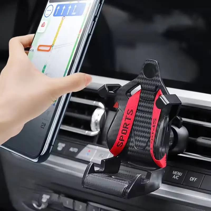 Car phone support with racing seat design for iPhone, Samsung, Xiaomi, with suction cup, for smartphones and mobile phones.