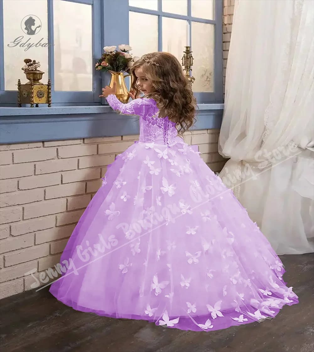 Elegante Abito da Damigella per Matrimoni con Decorazioni a Farfalla, Ricami in Pizzo, Stile Principessa per Feste e Servizi Fotografici