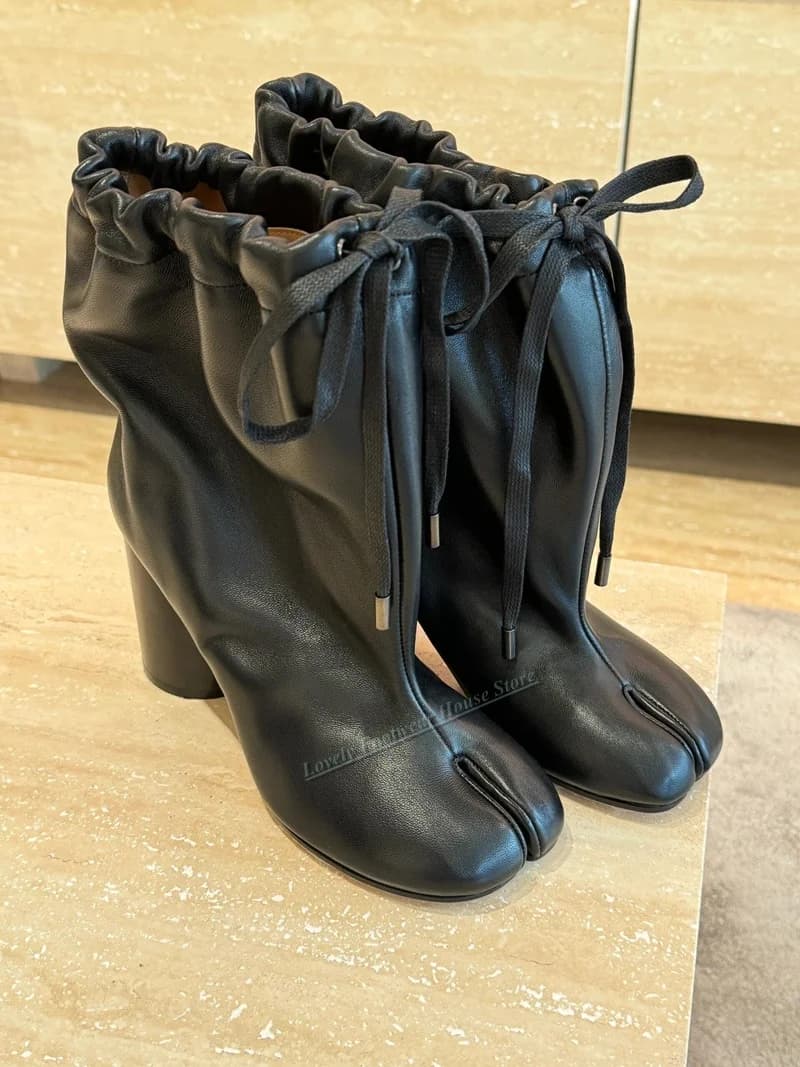 Autunno Inverno Donna Stivali a gamba larga con lacci in pelle di maiale stecche Moda femminile Stivaletti marrone nero Scarpe