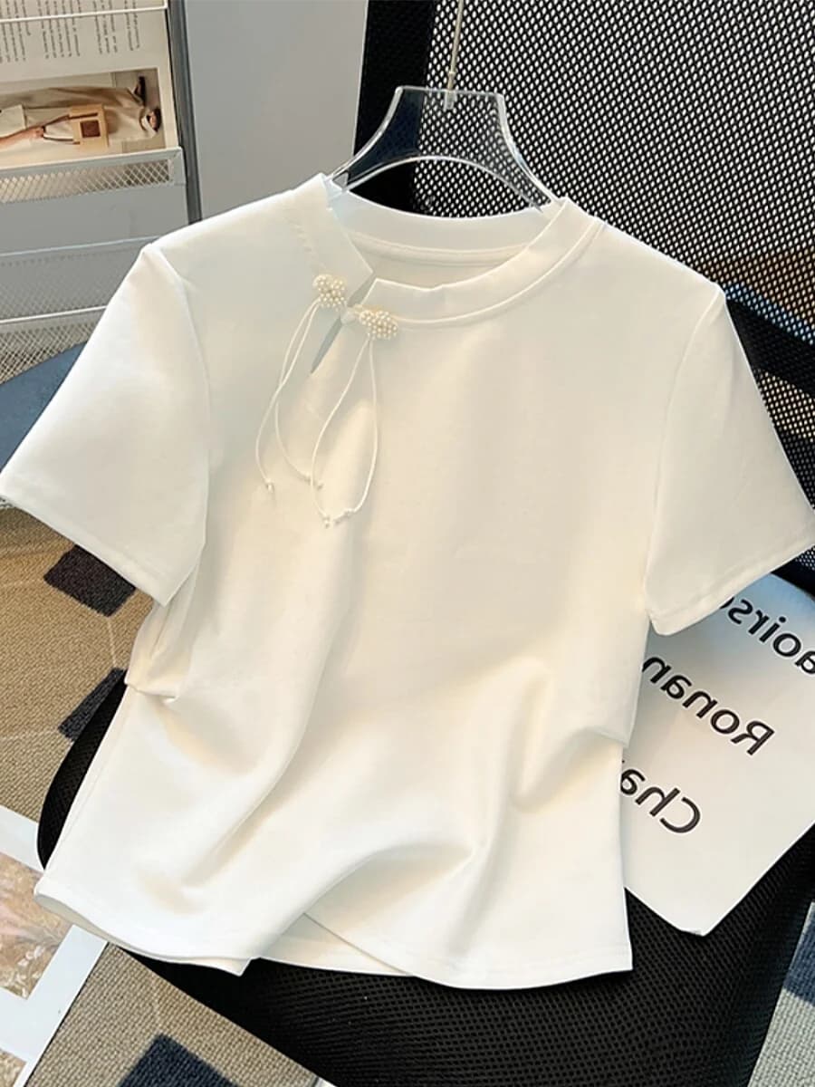 Nuova T-shirt a maniche corte in stile cinese da donna, estiva, casual, versatile, con bottoni, dal design tradizionale e alla moda