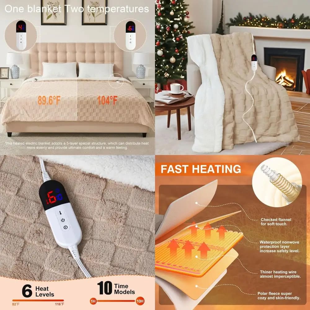 Coperta elettrica a 6 livelli regolabile, timer da 10 ore, spegnimento automatico, morbida flanella 84 x 90 a riscaldamento rapido, kaki