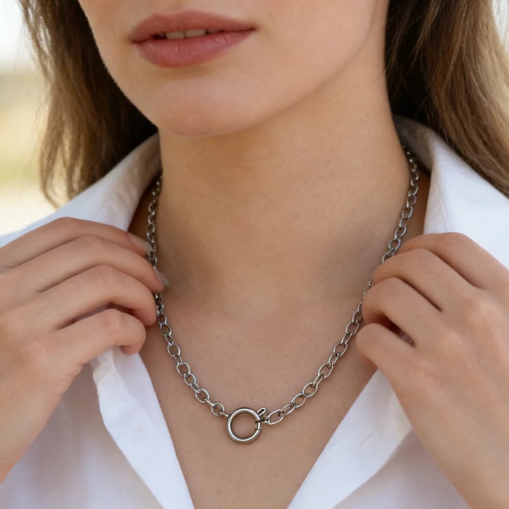 Collana a catena cubana/graffetta di moda per donna Chiusura a scatto a molla a cerchio aperto in acciaio inossidabile per ciondolo gioielli fai da te