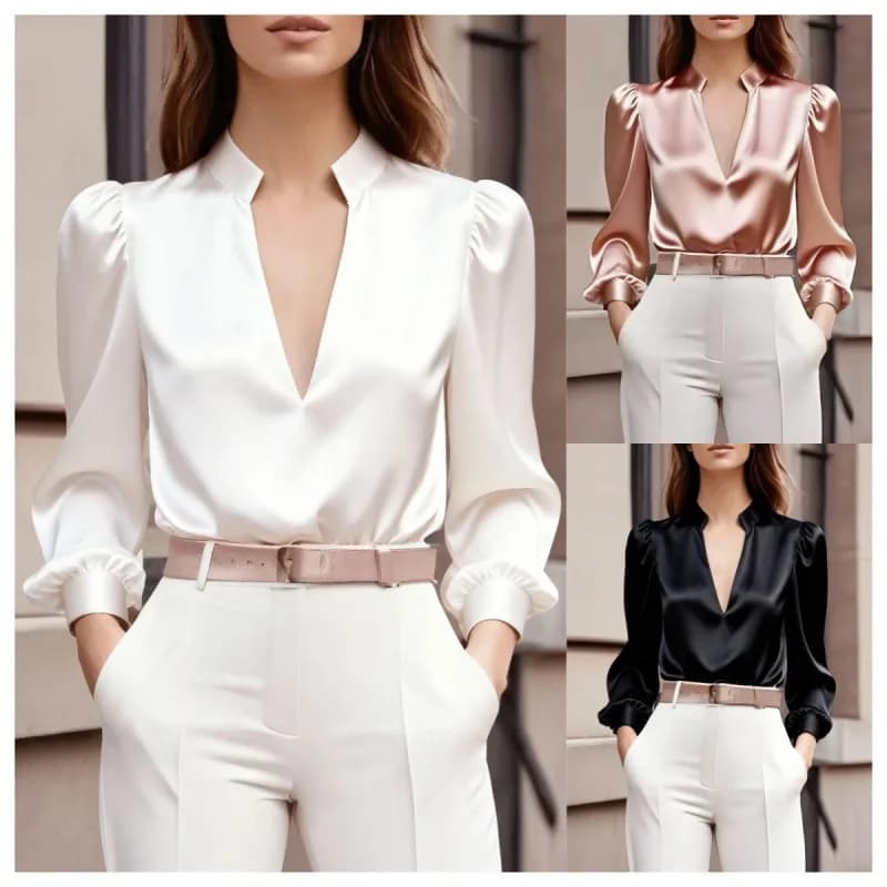 Elegant Satin Shirt with V-neck and Smurf Sleeves for Women, Fashion Monocolored Top for Office