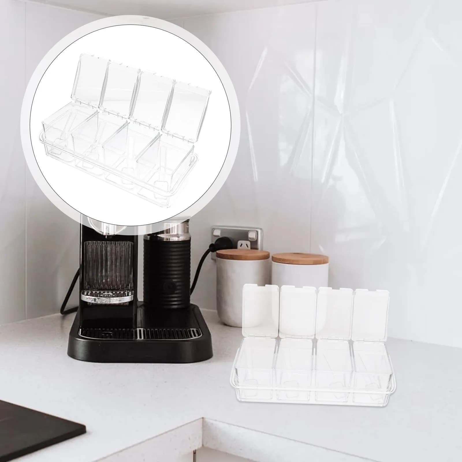 Set di 1 contenitore trasparente per condimenti a 4 scomparti, porta spezie ecologico con 4 cucchiaini per condimenti da cucina