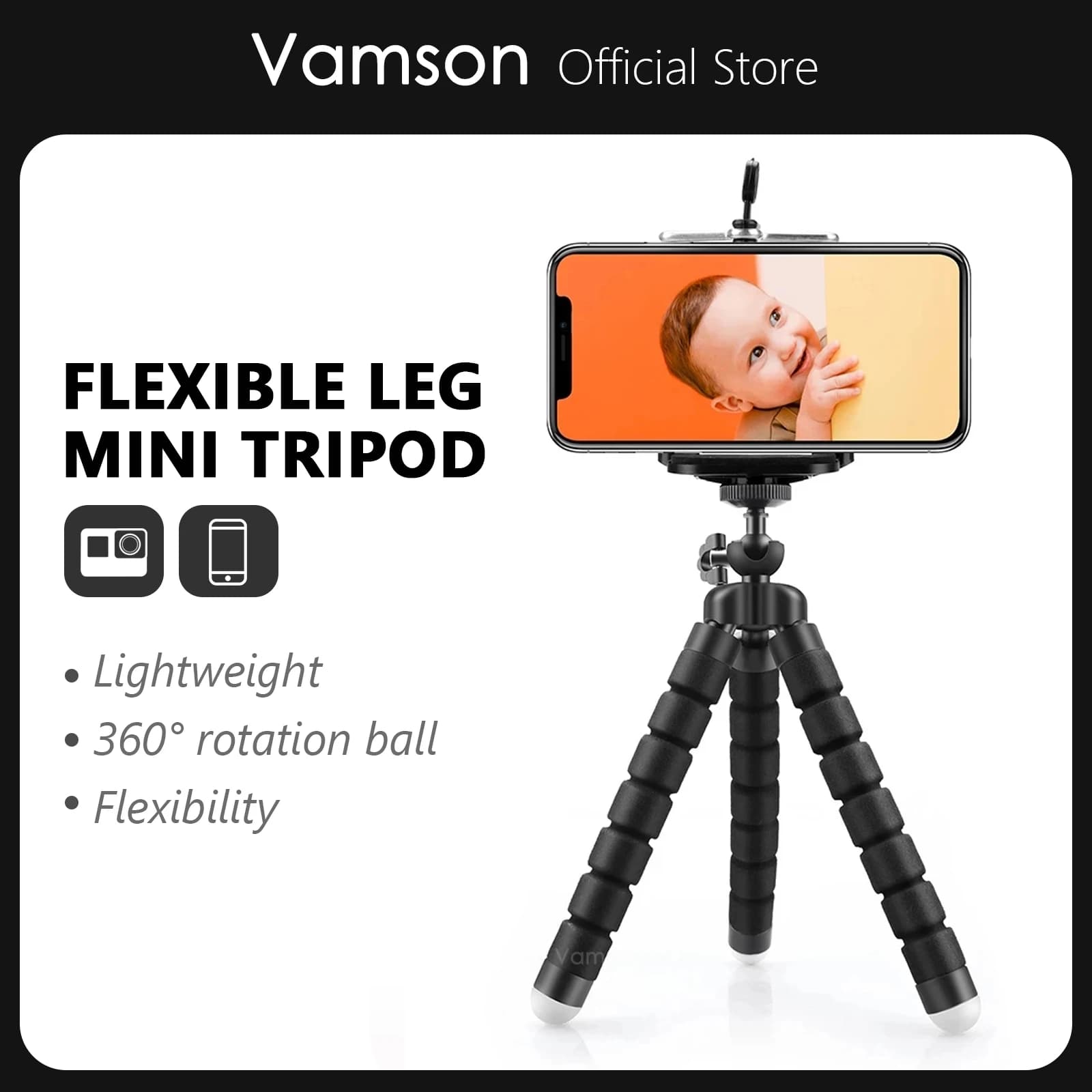 Vamson Flexible Mini Tripod Smartphone Tripod Cell Phone Support for GoPro Hero 11 10 9 8 7 6 5 4 for yi 4k for DJI