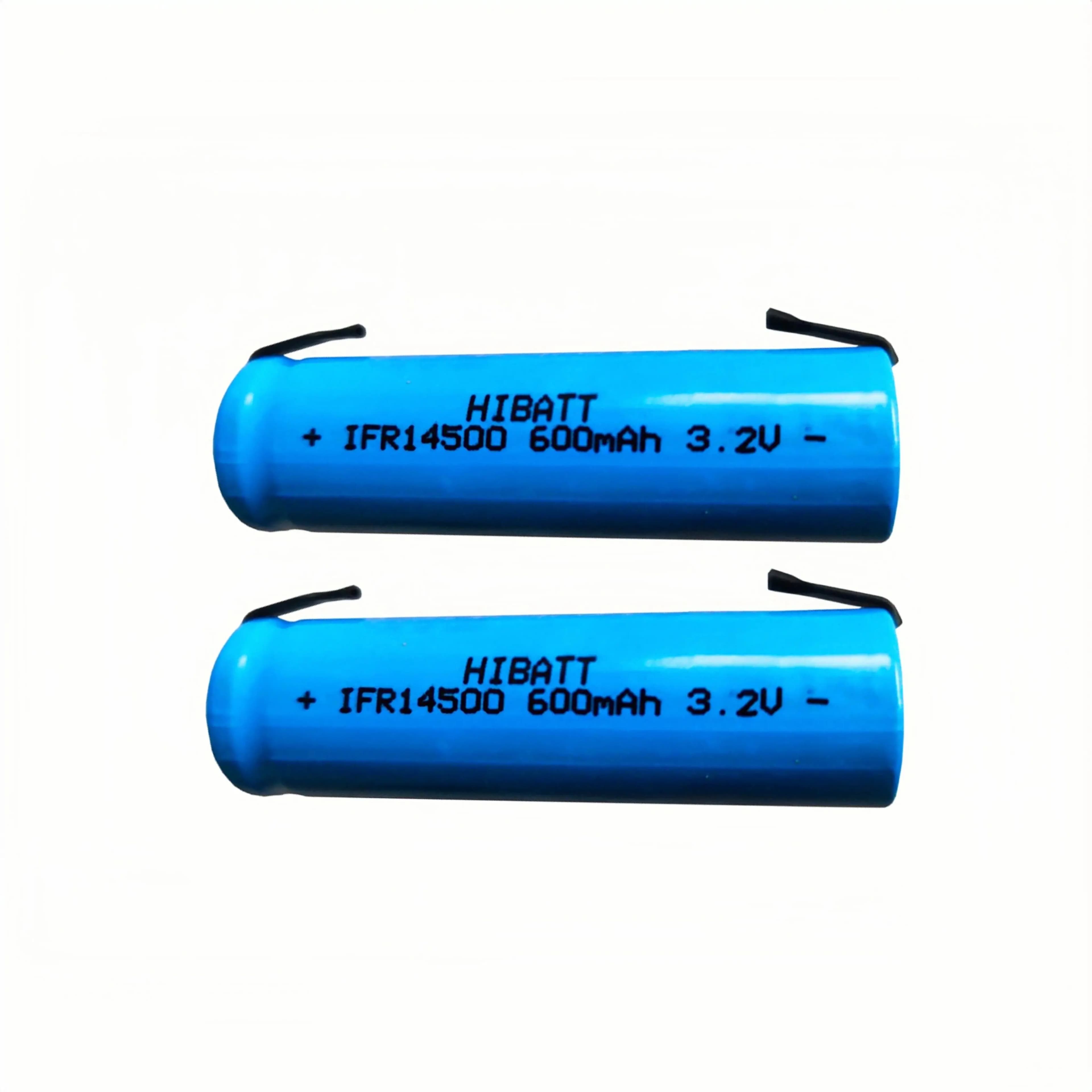 2 batterie LiFePO4 14500 da 3.2V 600mAh con terminali a saldare per rasoio, spazzolino elettrico, torcia, microfono, cestino intelligente