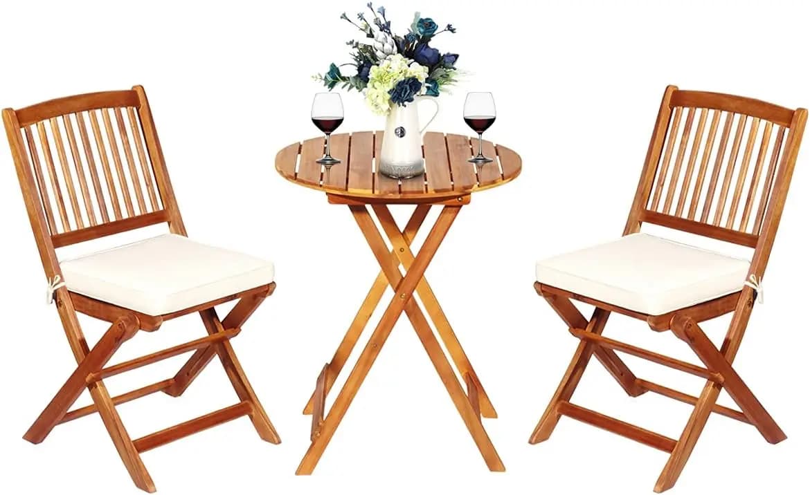Set Bistrot Pieghevole in Legno di Acacia a 3 Pezzi, Piccolo Arredamento da Esterno per Balcone, Tavolino Rotondo e 2 Sedie con Cuscini Morbidi