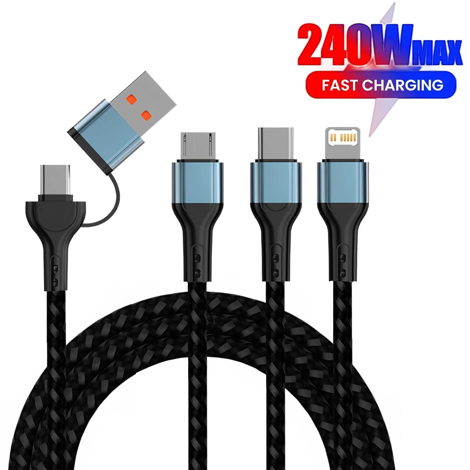 Cavo di ricarica rapida 3 in 2/4 in 1 da 240W per Micro USB e Type C, cavo caricatore multi USB da 1,2m per iPhone e Huawei
