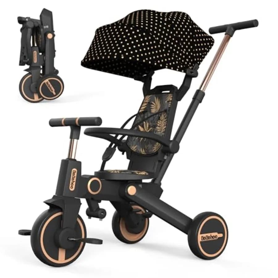 Triciclo Pieghevole per Bambini con Maniglia di Spinta, Bici Senza Pedali 7-in-1 per 1-5 Anni, Colore Oro, Leggero e Facile da Usare