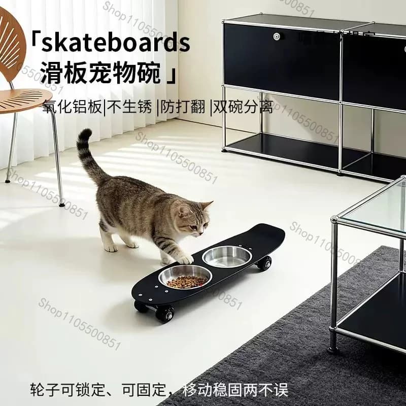 Skateboard cat bowl 304 stainless steel double bowl anti-knock pet bowl anti-black chin cat food basin