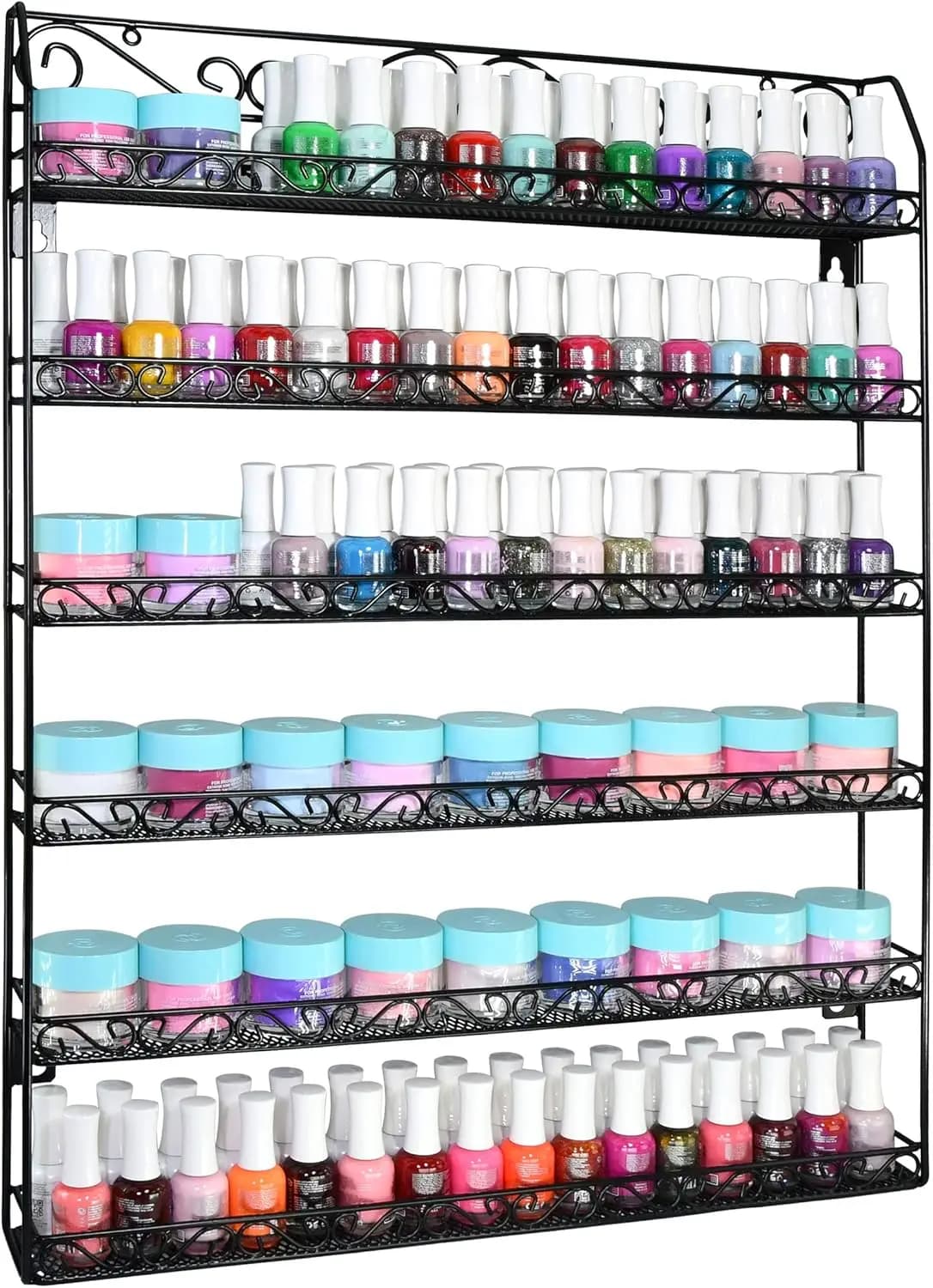 Metal wall shelf at 6 levels for enamels and essential oils, contains up to 192 bottles, black finish