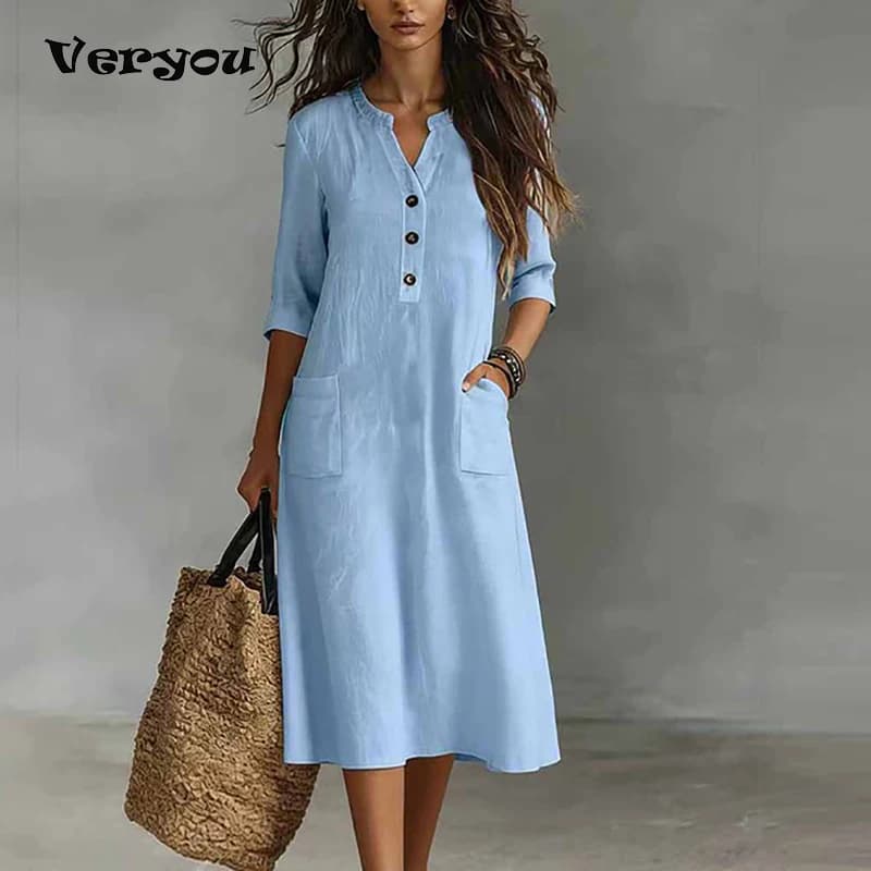 Women Casual Solid Color Half Sleeve Cotton And Linen Midi Dress Women Summer Pocket Loose Oversized Beach Holiday Dress Boho