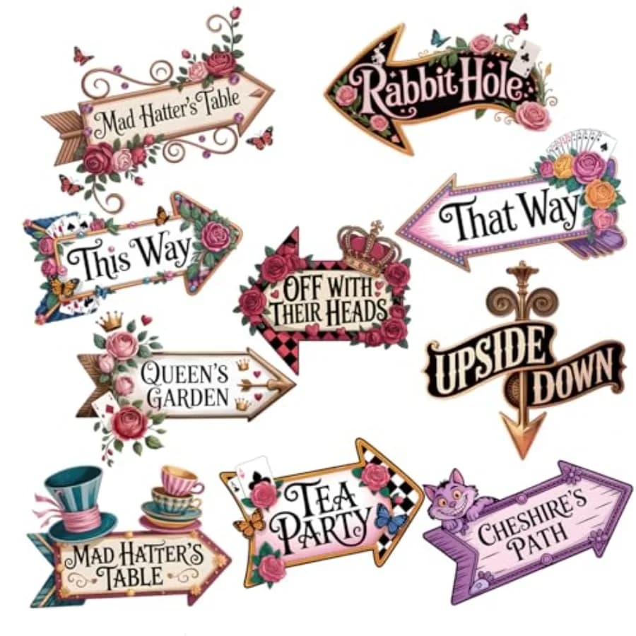 Welcome To Wonderland Directional Arrows Sign, 10 Signs Wonderland Party Decorations, Decor In Room For Alice Fans