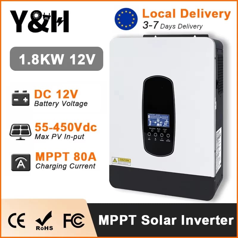 Y&H 1.8KW 3KW Inverter solare ibrido 12V 24V 220V Inverter a onda sinusoidale pura MPPT 80A Regolatore di carica solare Inverter off-grid