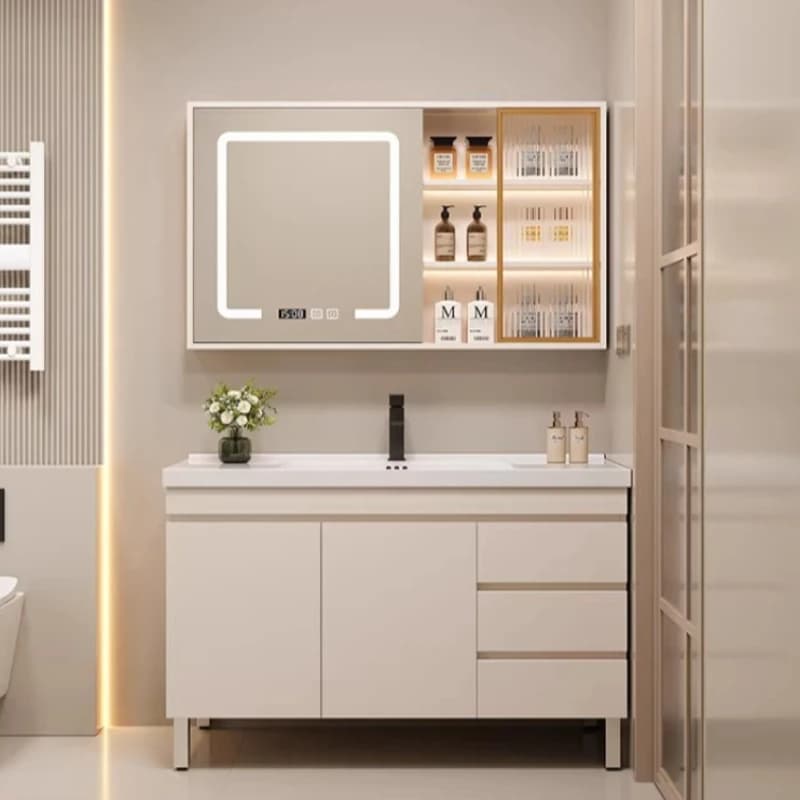 Mobile bagno combinato con lavabo integrato in ceramica, specchio, organizer, mensole e armadietto contenitore
