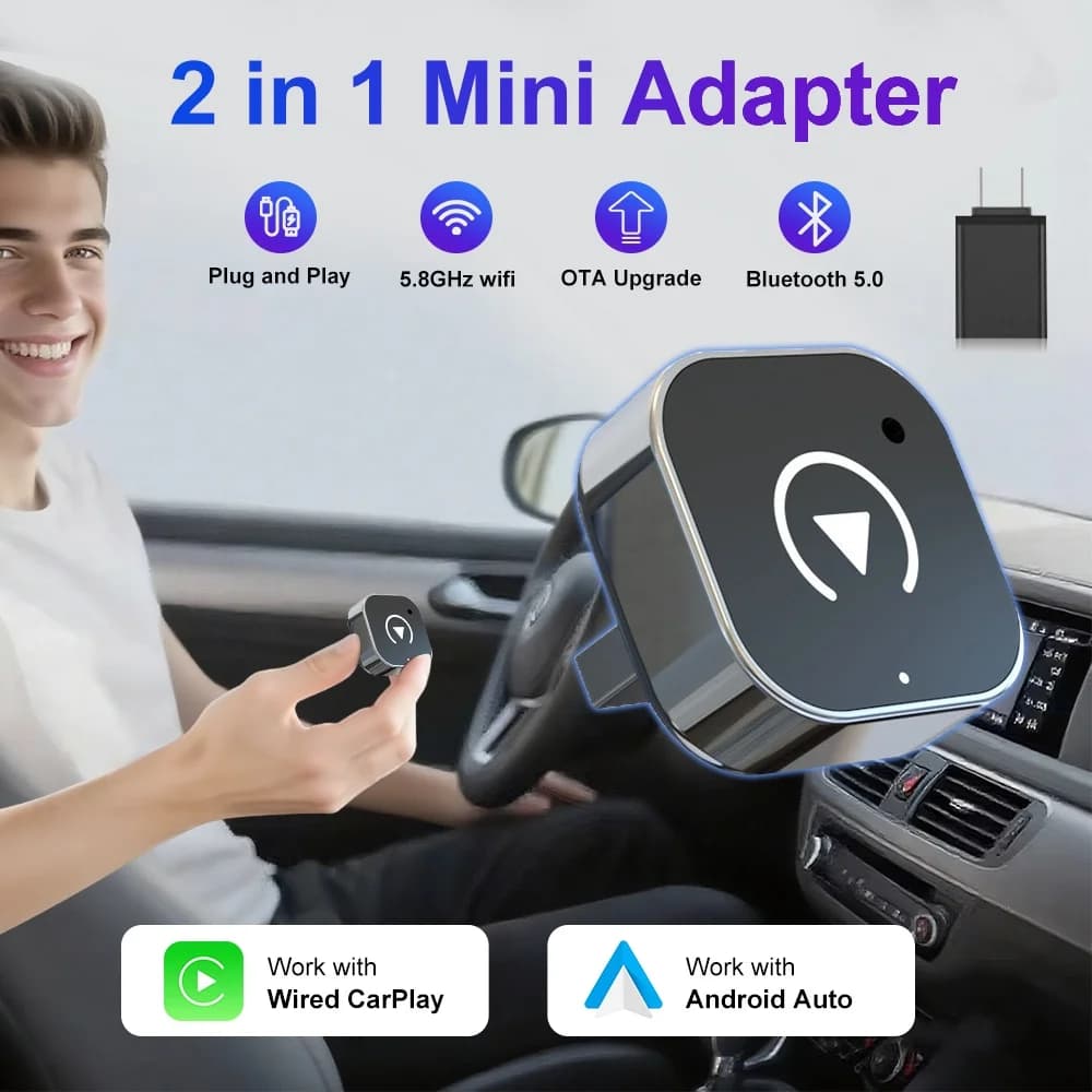 2026 NEWEST Wireless CarPlay Adapter 2-in-1 Wired to Wireless Dongle for Apple & Android Plug and Play Universal Car Accessory