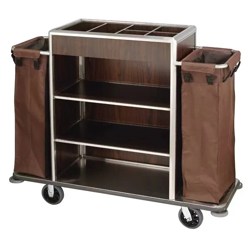 Hotel plastic waitress cleaning trolley with two durable bags Hotel linen trolley