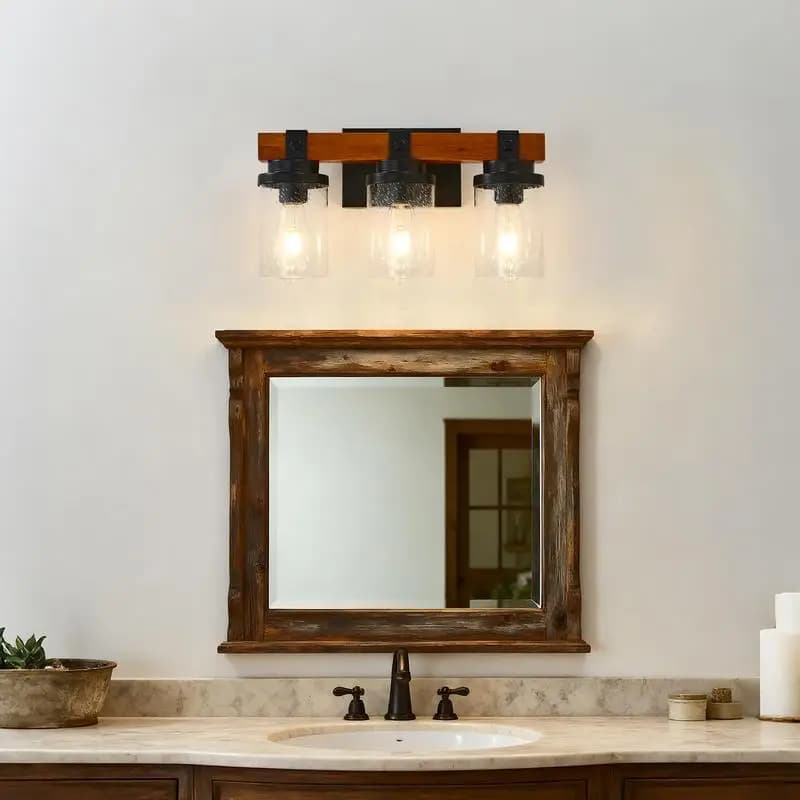 Lampade da parete a 3 luci in nero opaco e legno con paralumi in vetro per bagno o camera da letto (senza lampadine)