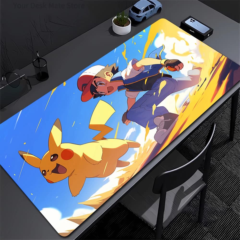 Tappetino da scrivania Pokemon Ash e Pikachu, tappetino per mouse da gioco grande antiscivolo, tappetino per tastiera anime impermeabile per l'arredamento dell'home office