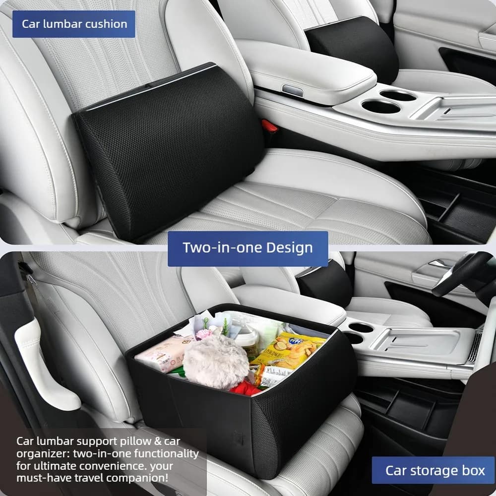 2-in-1 Multifunctional Car Seat Backrest Cushion Storage Box, Lumbar Support, Rectangular Foldable Trunk Car Organizer