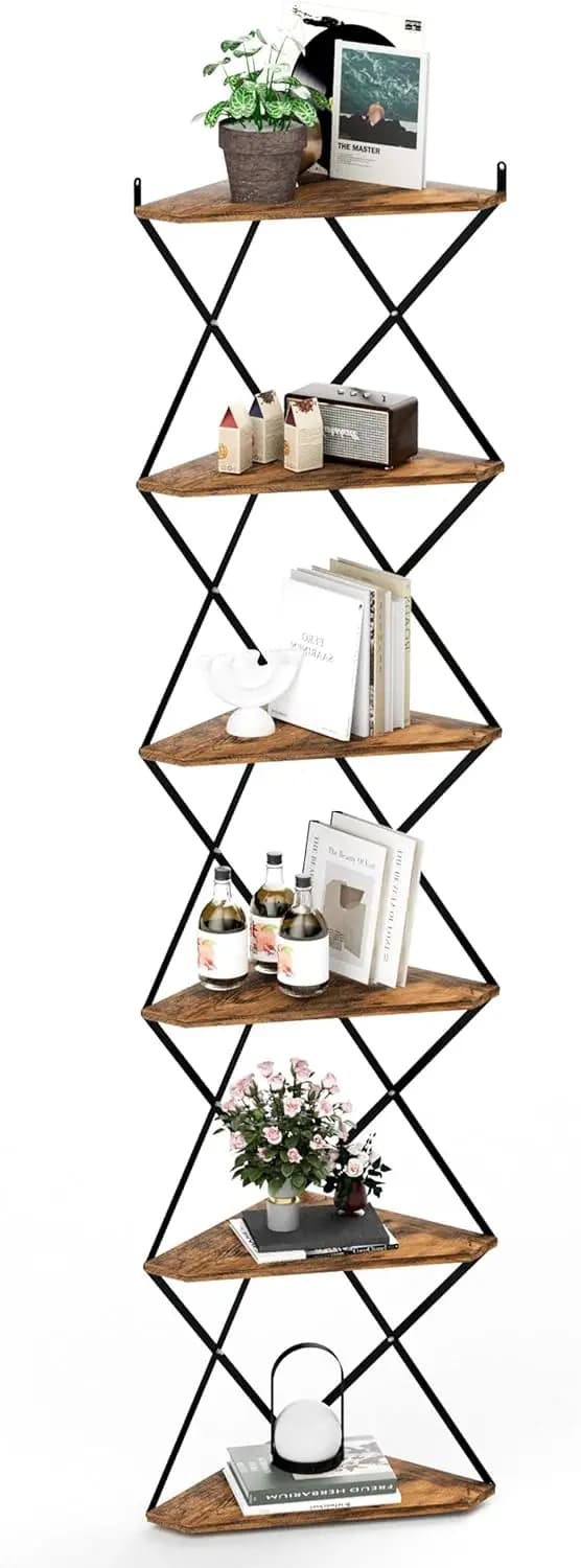 Scaffale angolare a 6 ripiani con struttura in metallo a X, libreria marrone rustico per soggiorno, organizer per camera da letto