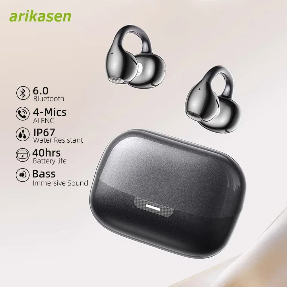 Auricolari Open Ear, Bluetooth 6.0, Clip-on, Leggeri e Confortevoli, 40 Ore di Autonomia, Chiamate Nitide, Vestibilità Sicura