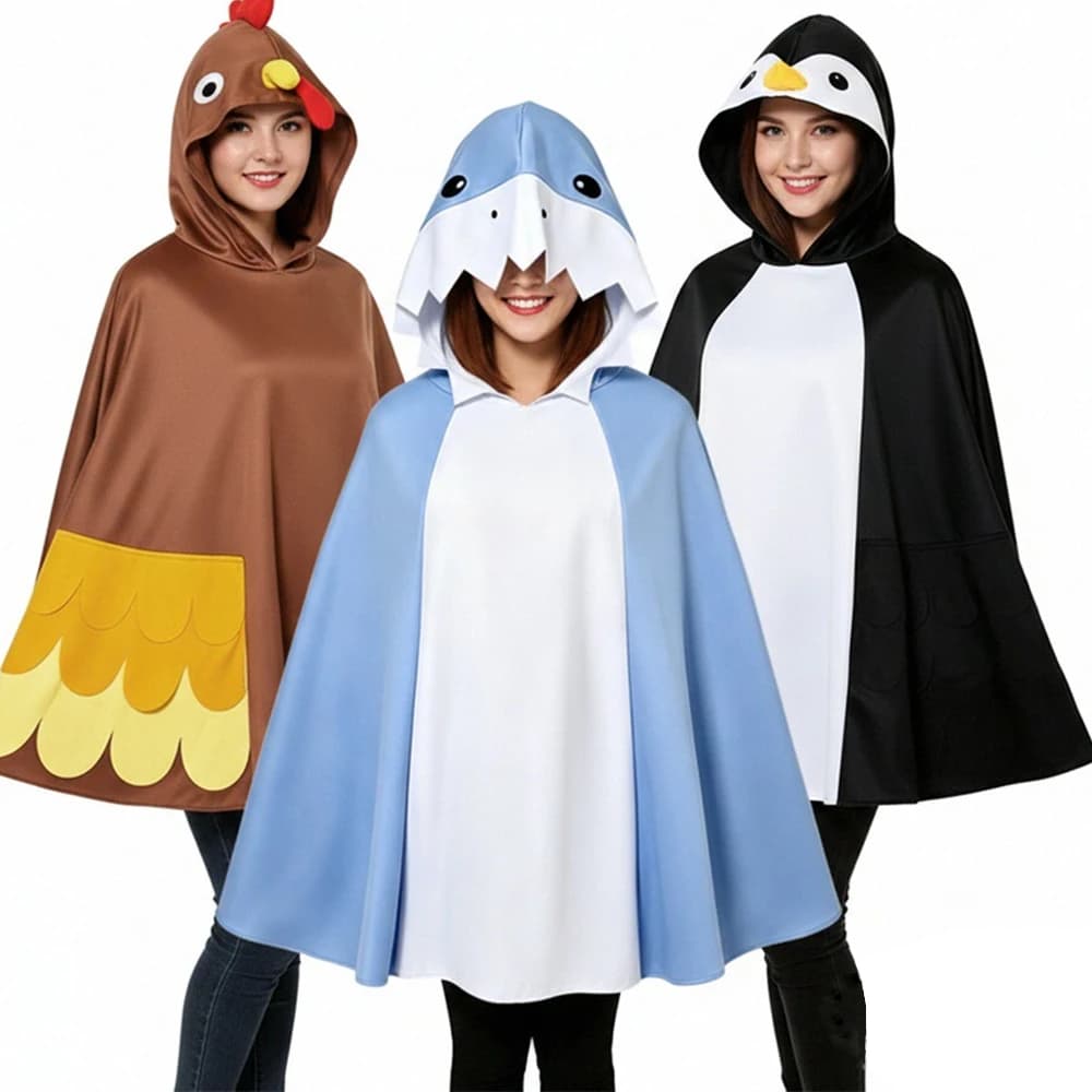 Shark Cape Cartoon Animal-Themed Hooded Cape Turkey and Penguin 3D Loose-Fit Pull-Over Cape Adults Halloween Prank Costumes
