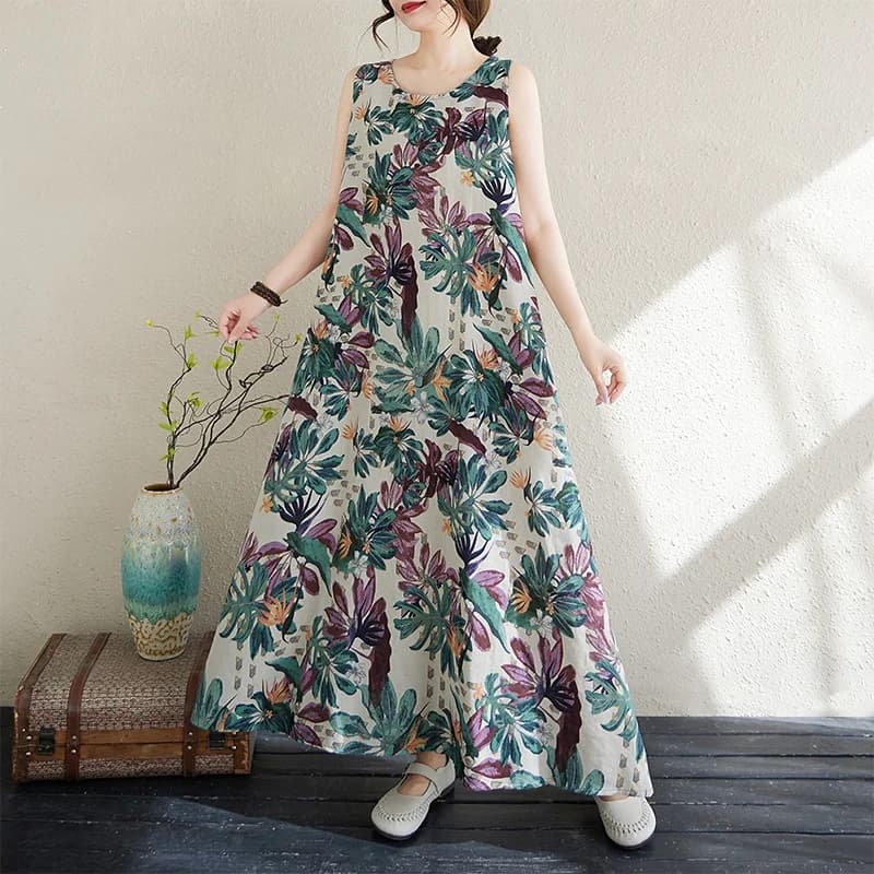 Summer Bohemian Large Size Printed Cotton Lin Loose Long Skirt A-Line Midi Skirt Ethnic Style Women's Fashion plus Size Dress