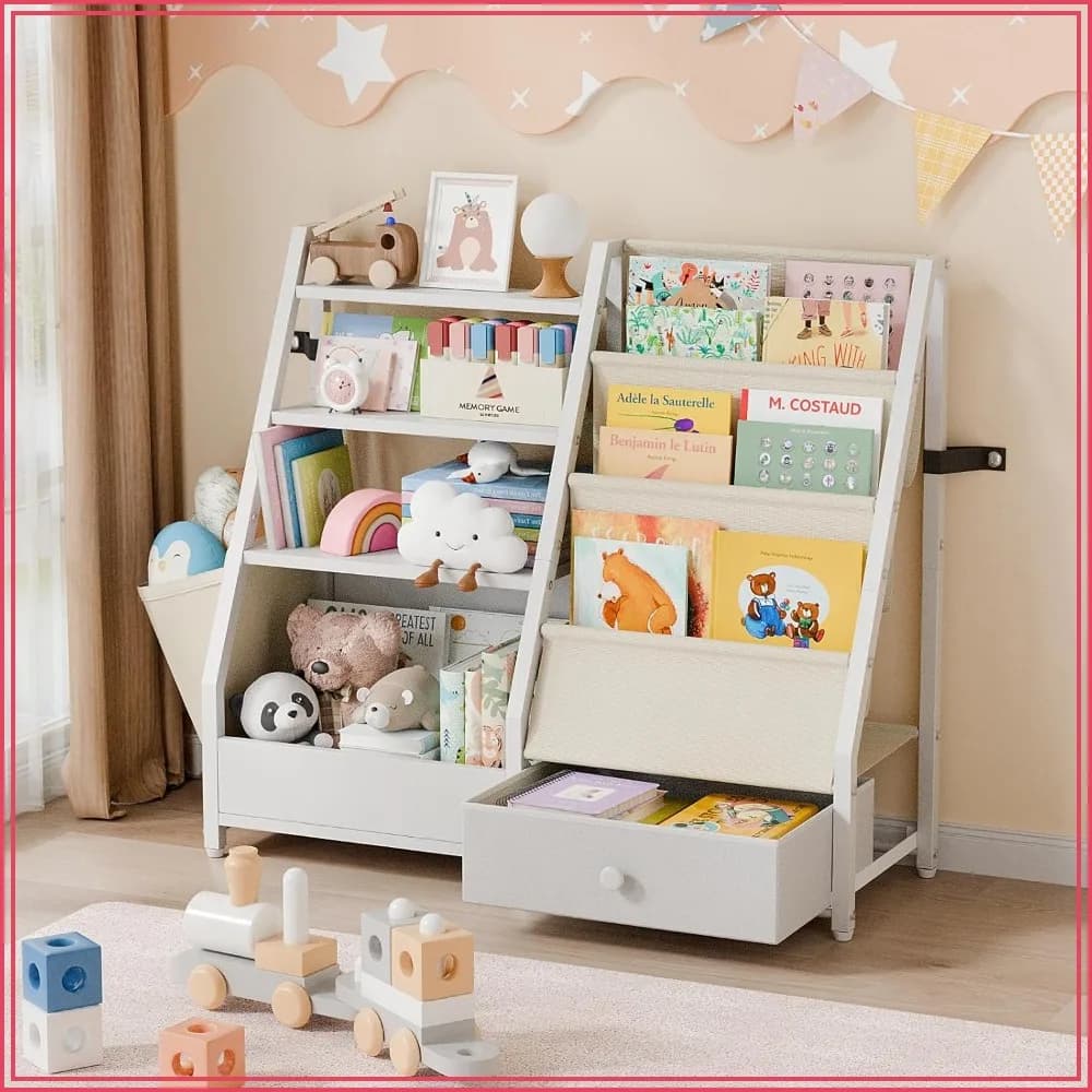 Kids Bookshelf and Toy Storage - Book Shelf for Kids Rooms, Toddler Bookshelf Baby Bookcase for Nursery, Montessori Toy Organizer