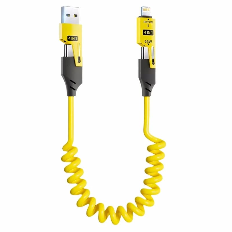 Cavo Dati a Molla 4 in 1 da 65W, Cavo USB Tipo C Telescopico a Molla 6A per Ricarica Rapida, Cavo USB a Molla per iPhone 15 14 13 12