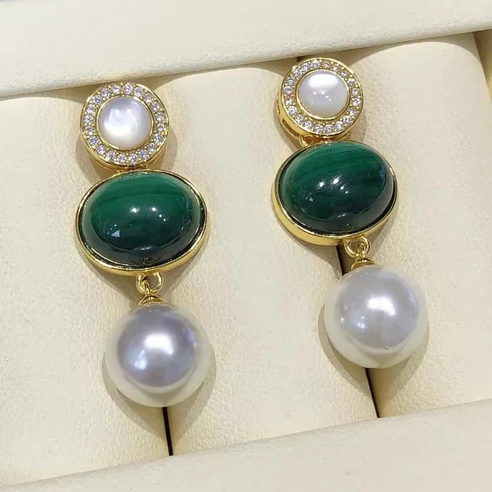 MeiBaPJ 8mm Natural Nearround Pearls Malachite White Fritillary Stones Pendant Earrings Silver 925 Wedding Jewelry for Women