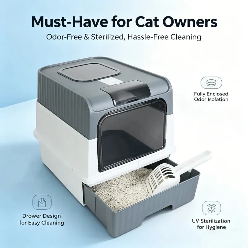 Lettiera per Gatti Completamente Chiusa con Cassetto, Sterilizzazione UV, Anti-Schizzi, Controllo Odori, Facile da Pulire, Ampio Spazio, Toilette per Gatti da Interno