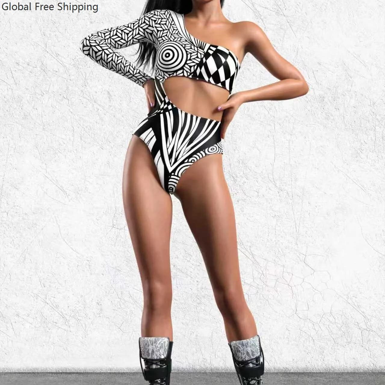 Costume Asimmetrico da Catwoman 2026 Bianco e Nero per Halloween, Tuta Cosplay per Feste, Costume da Discoteca, Costume da Bagno, Set Rave
