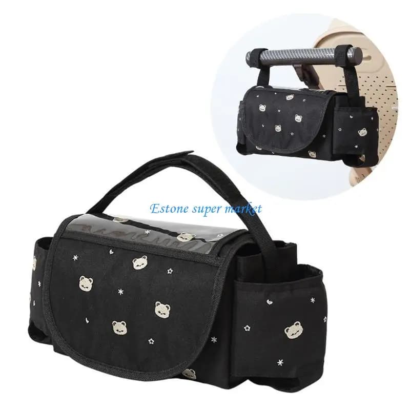 090B Pratica borsa per passeggino con ampio spazio, custodia da viaggio con ricamo orso simpatico cartone animato per genitori