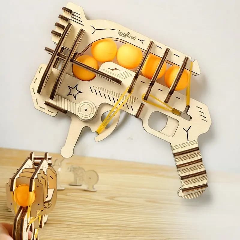 Pistola a Elastici in Legno Fai-da-Te, Modello Assemblabile, Lanciatore di Palline da Ping Pong, Giocattolo Educativo STEM, Regalo di Compleanno Creativo per Bambini