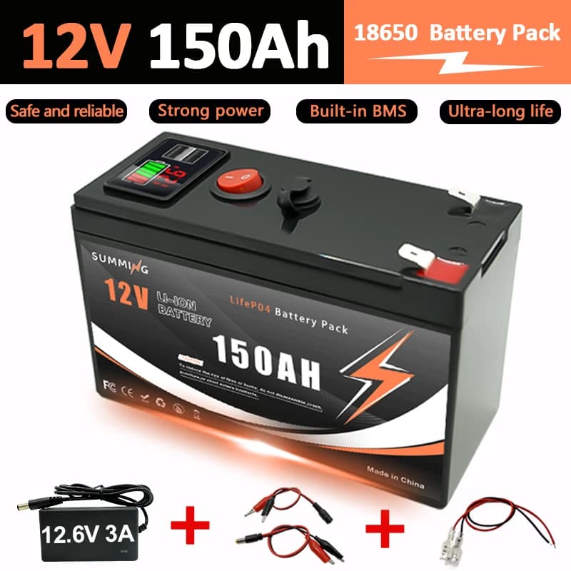 Batteria LiFePO4 12V 150Ah con BMS Intelligente Integrato 📼 5000+ Cicli 📽️ Adatto per pannelli solari, camper, imbarcazioni, overlanding
