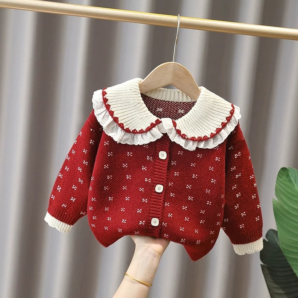 Fall winter kids girl clothes lace flat needle knitted sweater jacket for children girls' cloth wear outfit spiral cuff sweaters