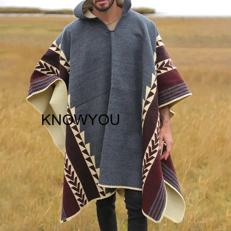 Nuovo Poncho Invernale 2026 con Collo a Scialle, Giacca Calda da Uomo in Misto Lana Pashmina, Sciarpa-Cappotto Stile Etnico