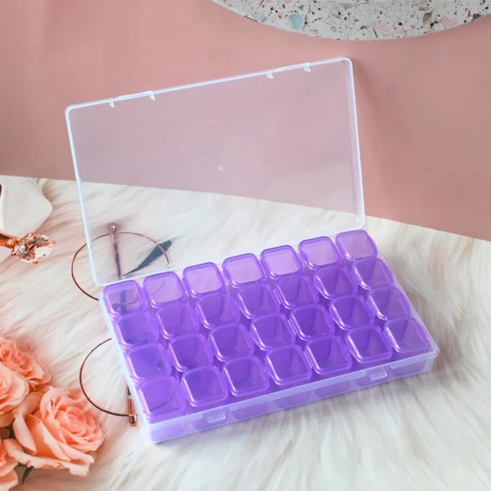 Scatola portaoggetti con strass Scatola portaoggetti viola con 28 griglie Contenitore con coperchi per gioielli con semi di pillole glitterate per cucire con perline per unghie diamantate
