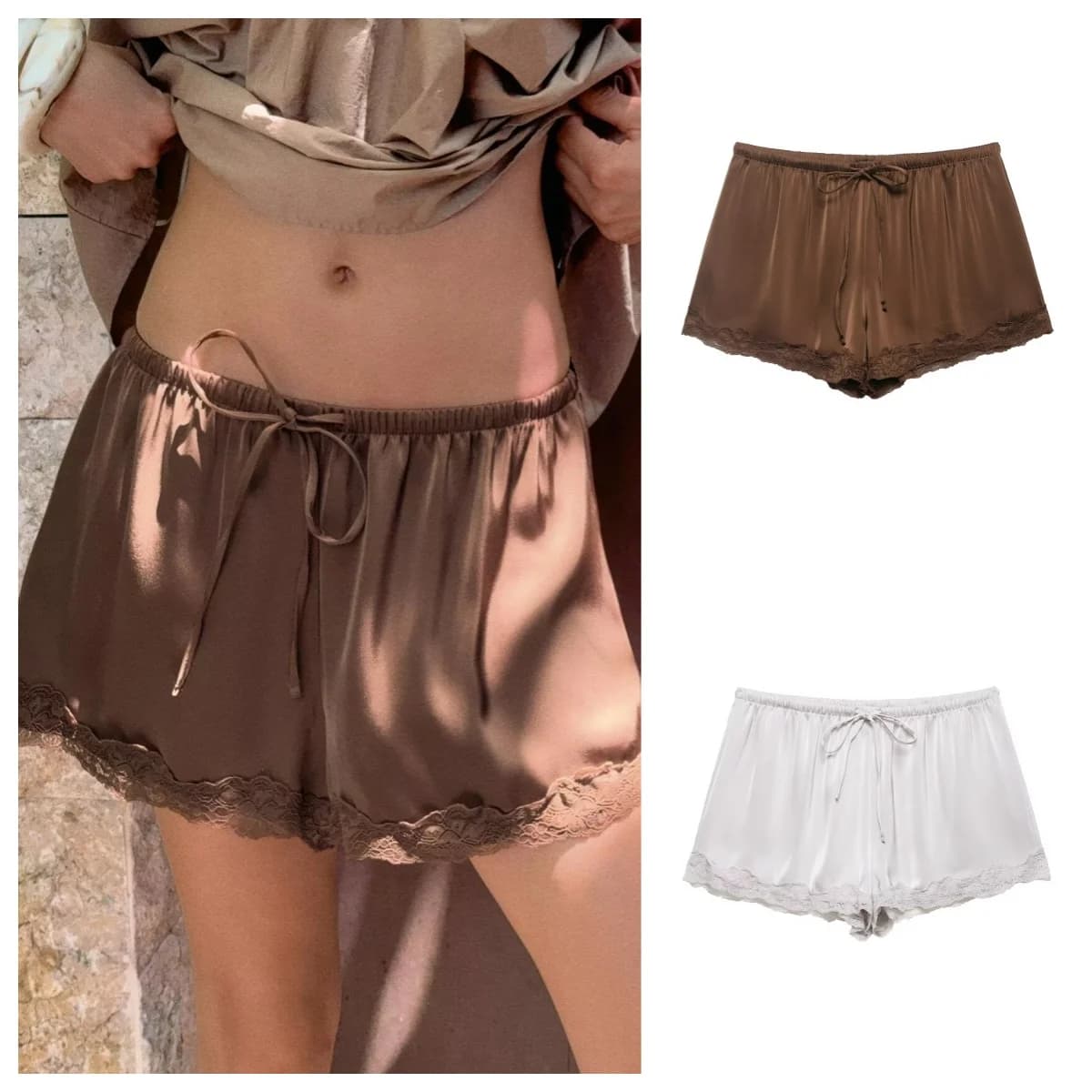 Guobioziy Women's Shorts 2026 Summer Lace Patchwork Solid Color Elastic Waist Casual Lace Satin Texture Mini Elegant Sexy Shorts