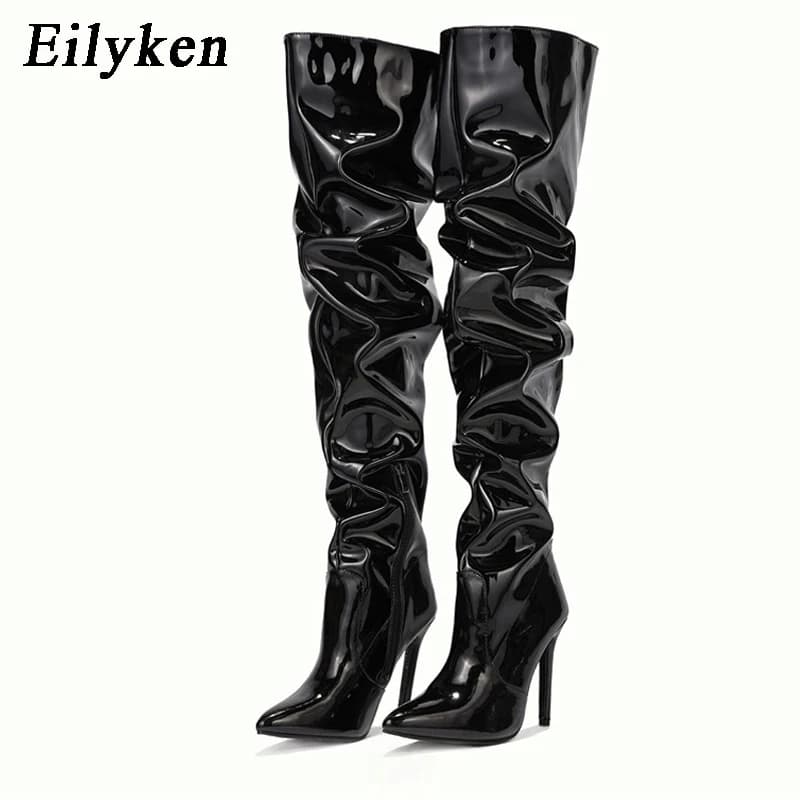 Eilyken Red Women stivali sopra il ginocchio tacchi alti pelle verniciata Solid punta a punta Stiletto cerniera laterale Sapatos Femininos