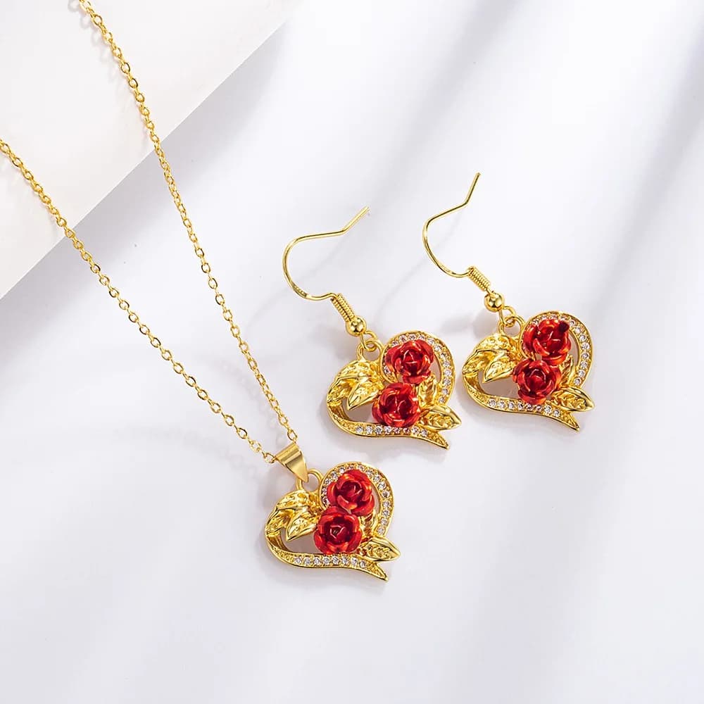 925 Sterling Silver Gold Plated Rose Flower Heart Shaped Necklace Earrings Set for Women Beautiful Engagement Party Jewelry
