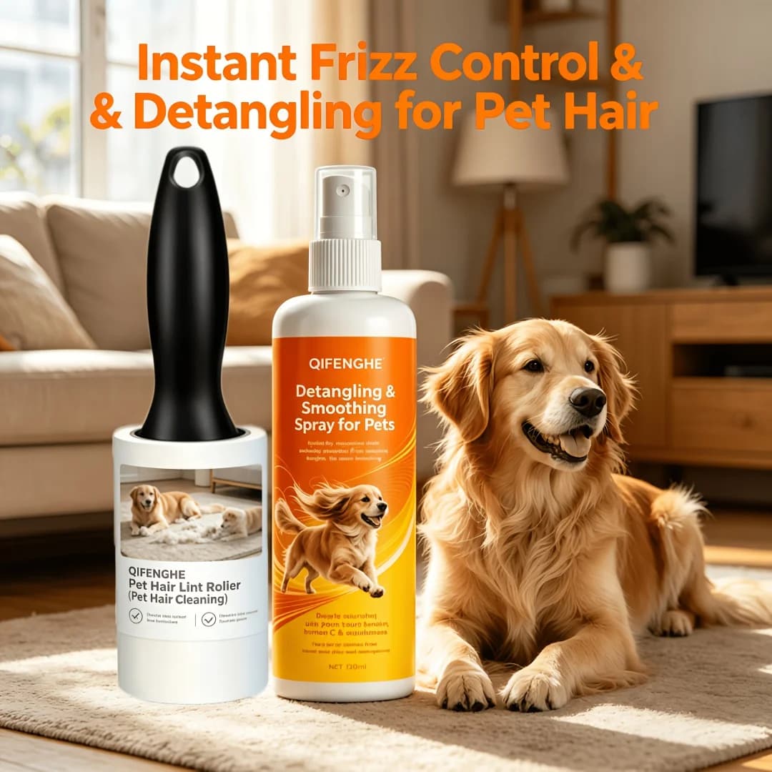 Pet Grooming Combo: Detangling Spray + Lint Roller, Anti-Frizz Conditioner & Fur Remover for Dogs & Cats
