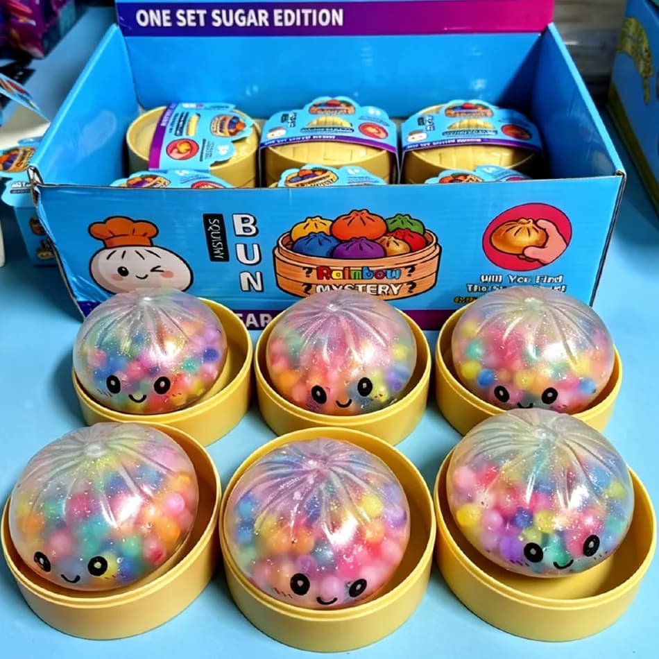 New 1-12pcs Colorful Bubble Dumpling Squishies with Steamer Soft TPR Dough Ball Decompression Fidget Toy Funny Creative Bun Gift