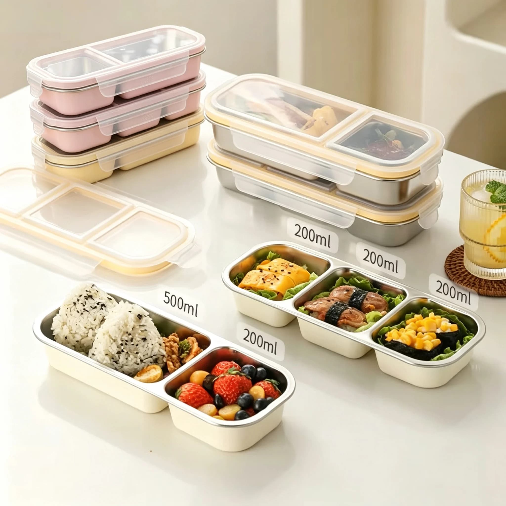 2 contenitori per il pranzo piccoli, 2/3 scomparti, in acciaio inossidabile, impilabili, riutilizzabili, per la conservazione degli alimenti, per casa, ufficio, picnic