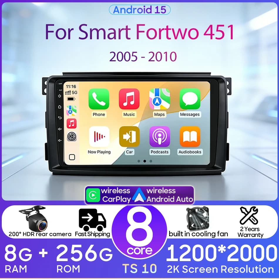 Autoradio with CarPlay Wireless and Android Auto for Mercedes Benz Smart Fortwo 451 2005-2015, GPS, Stereo, Navigation, 2 DIN, Bluetooth